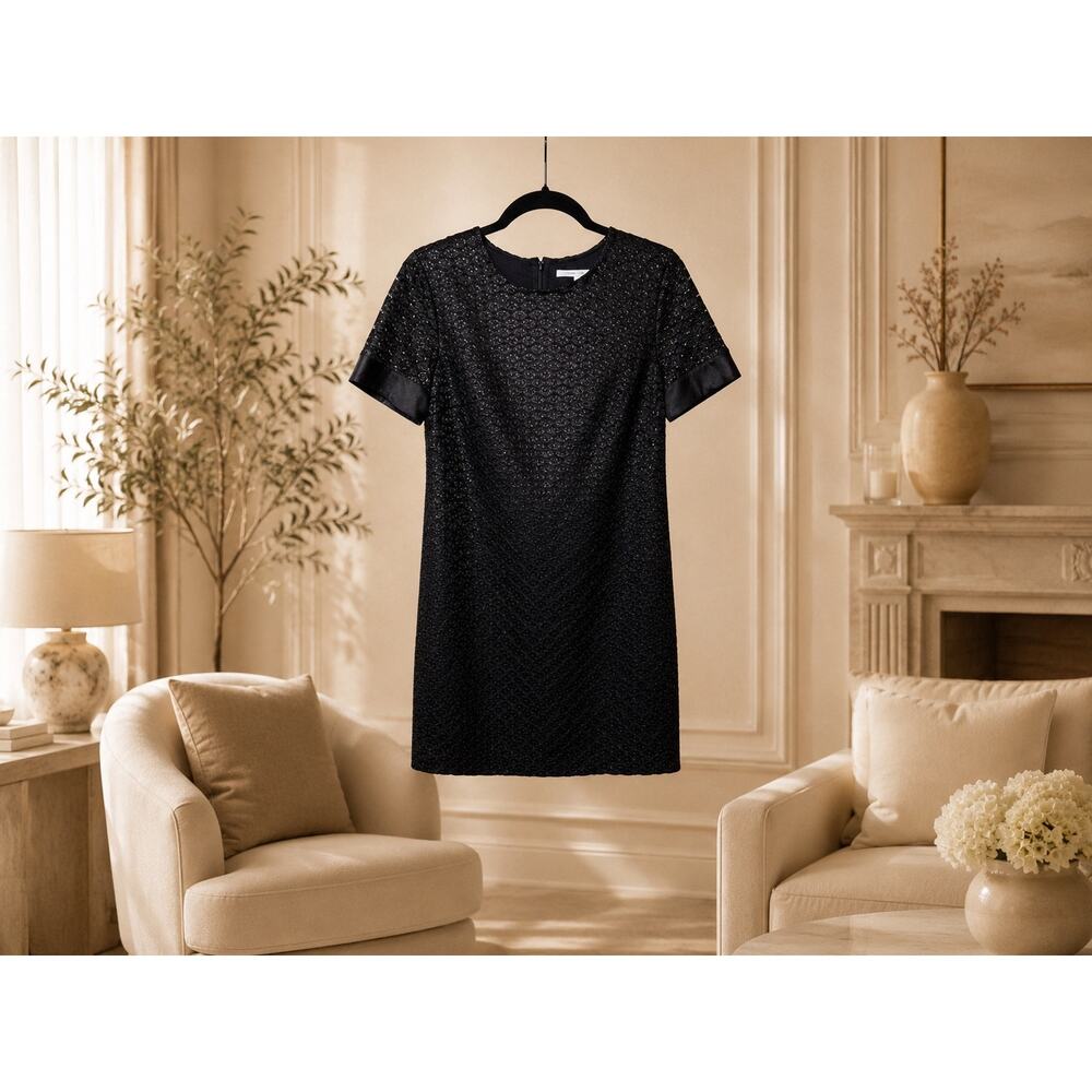 DVF Cindy Black Lace Dress Satin Sleeve Cocktail Party Mini Dress 2 LBD